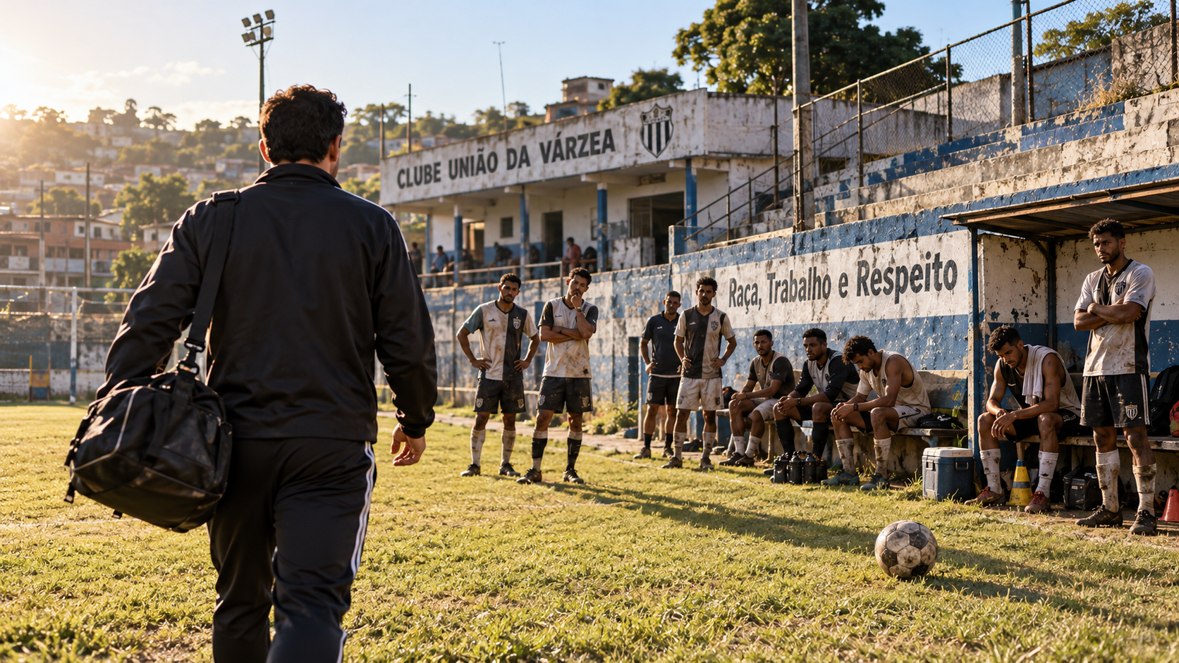 Técnico chega com sua mala a um campo de várzea enquanto o time o espera para treinar