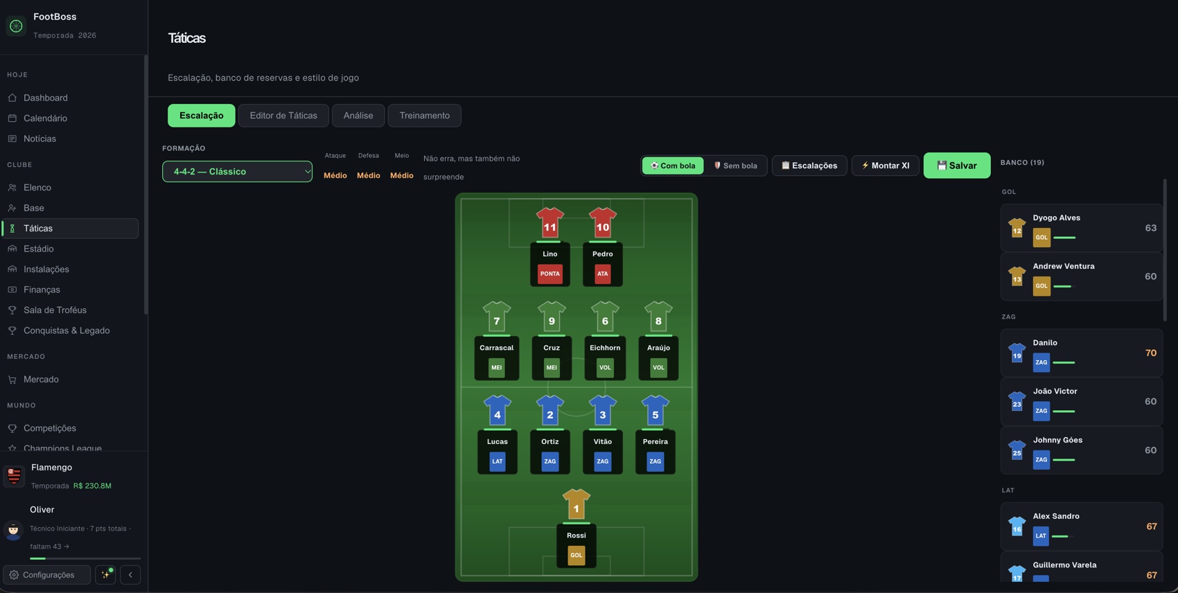 Tela de táticas do FootBoss com formação 4-4-2, titulares, banco e opções de escalação